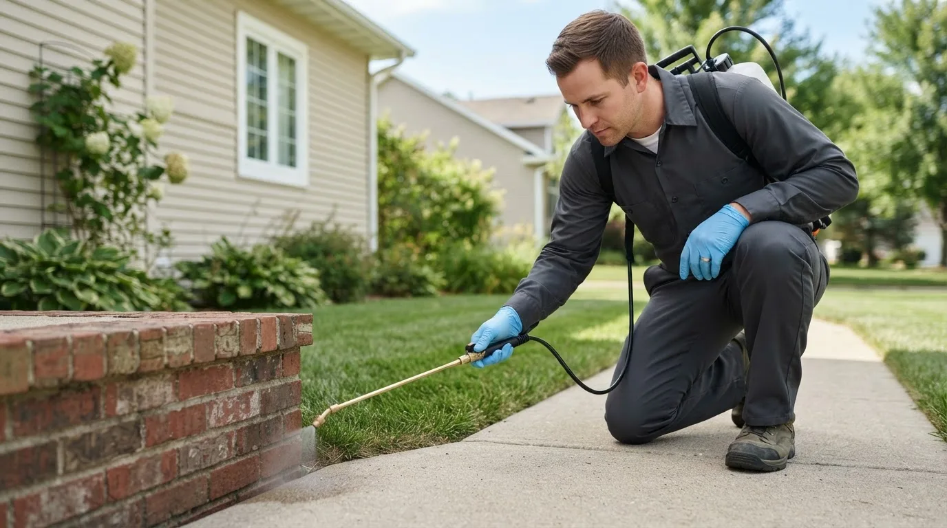 Pest control technician treating a home near Cheshire, OH