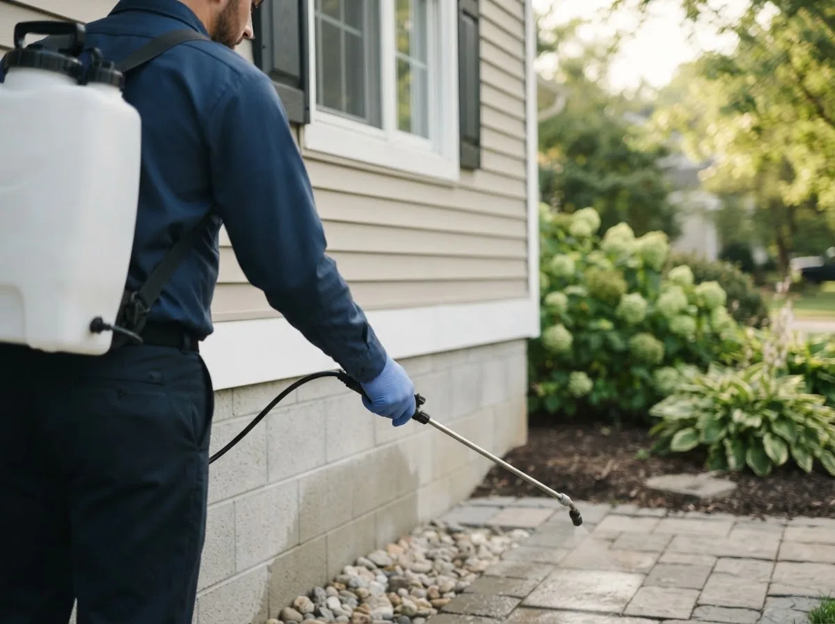 Pest control technician inspecting a home in Cheshire, OH